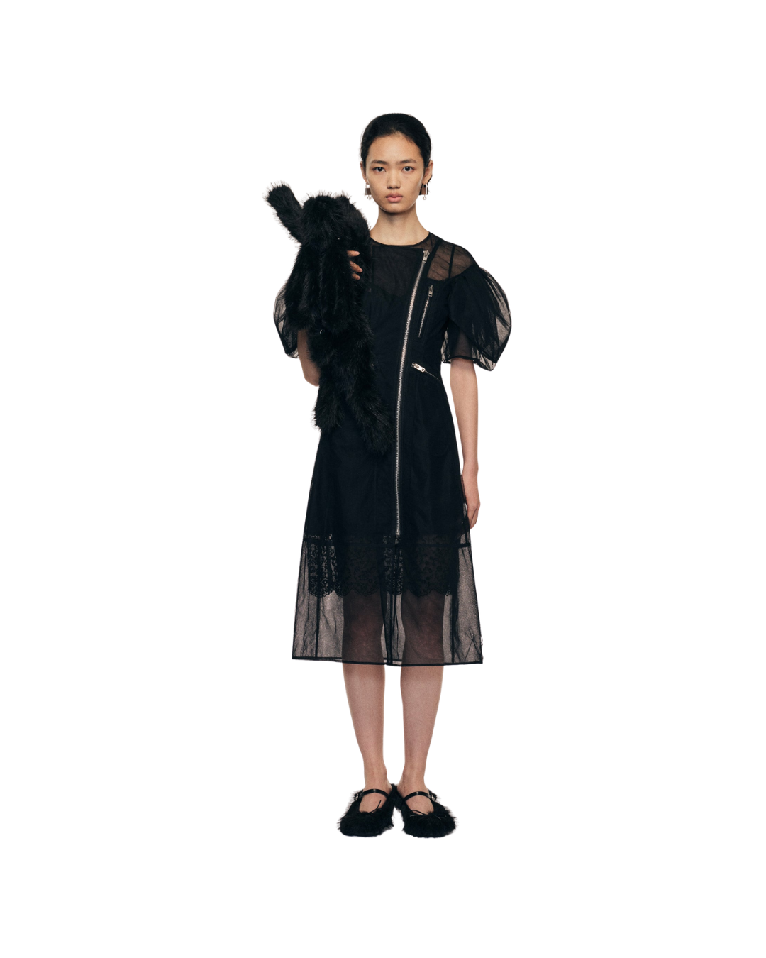 Sheer Sculpted Petal Sleeve Biker Dress