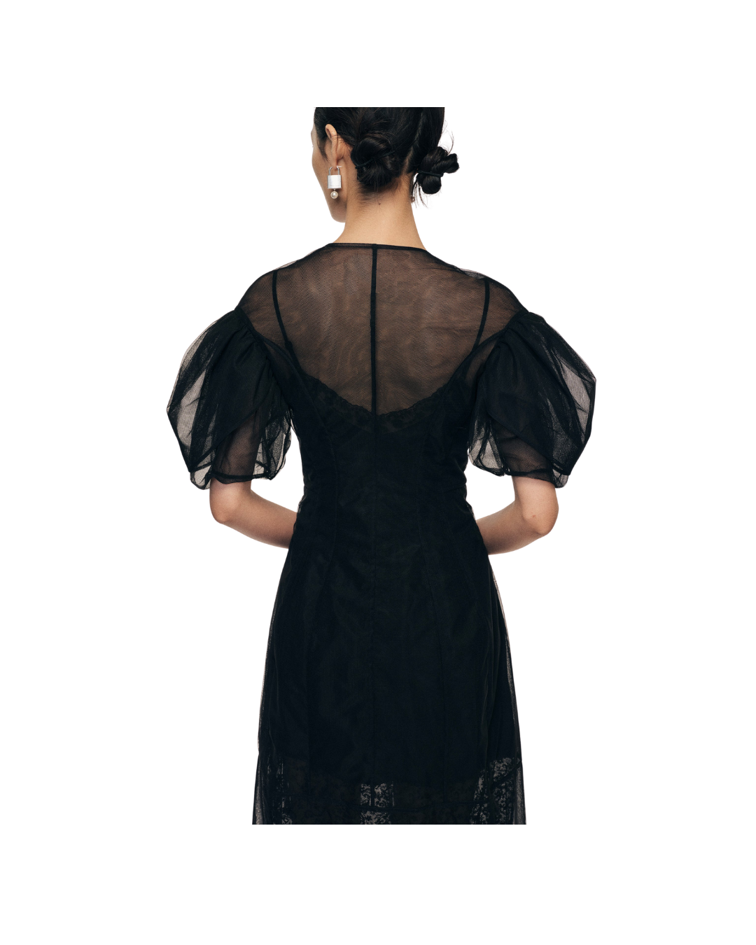 Sheer Sculpted Petal Sleeve Biker Dress