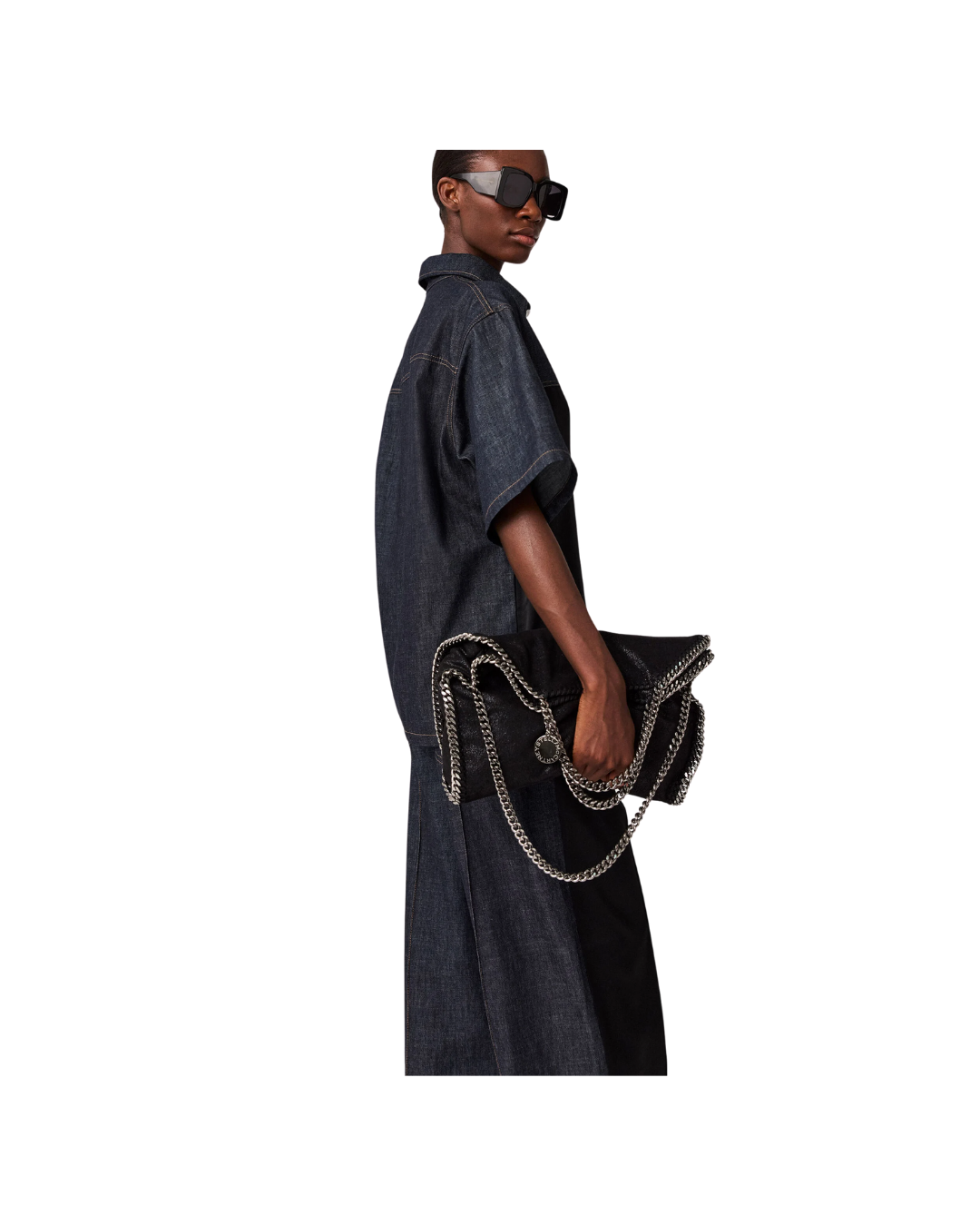 Satin Panel Short-Sleeve Denim Shirt