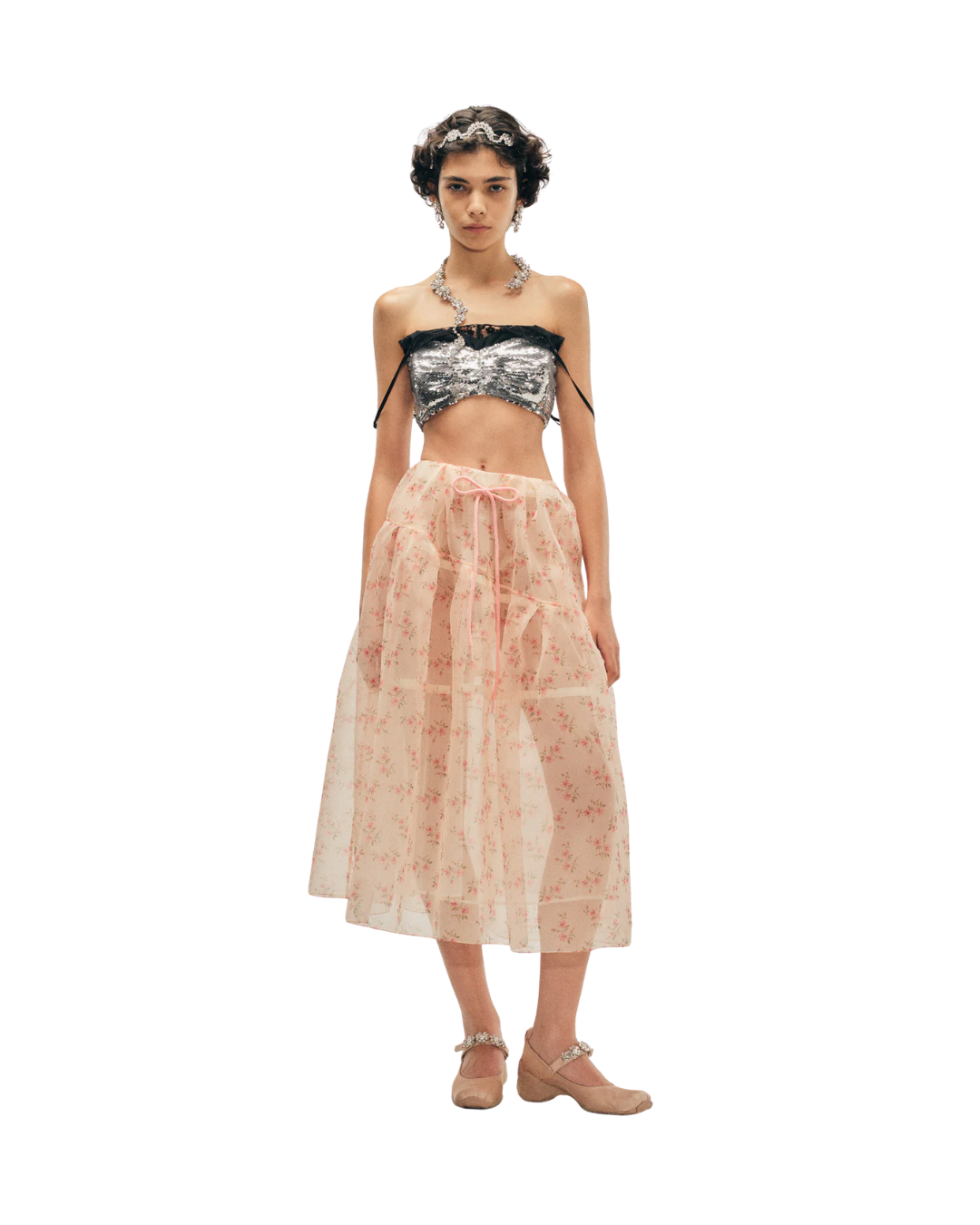 Sheer Overlay Long Flounce Skirt