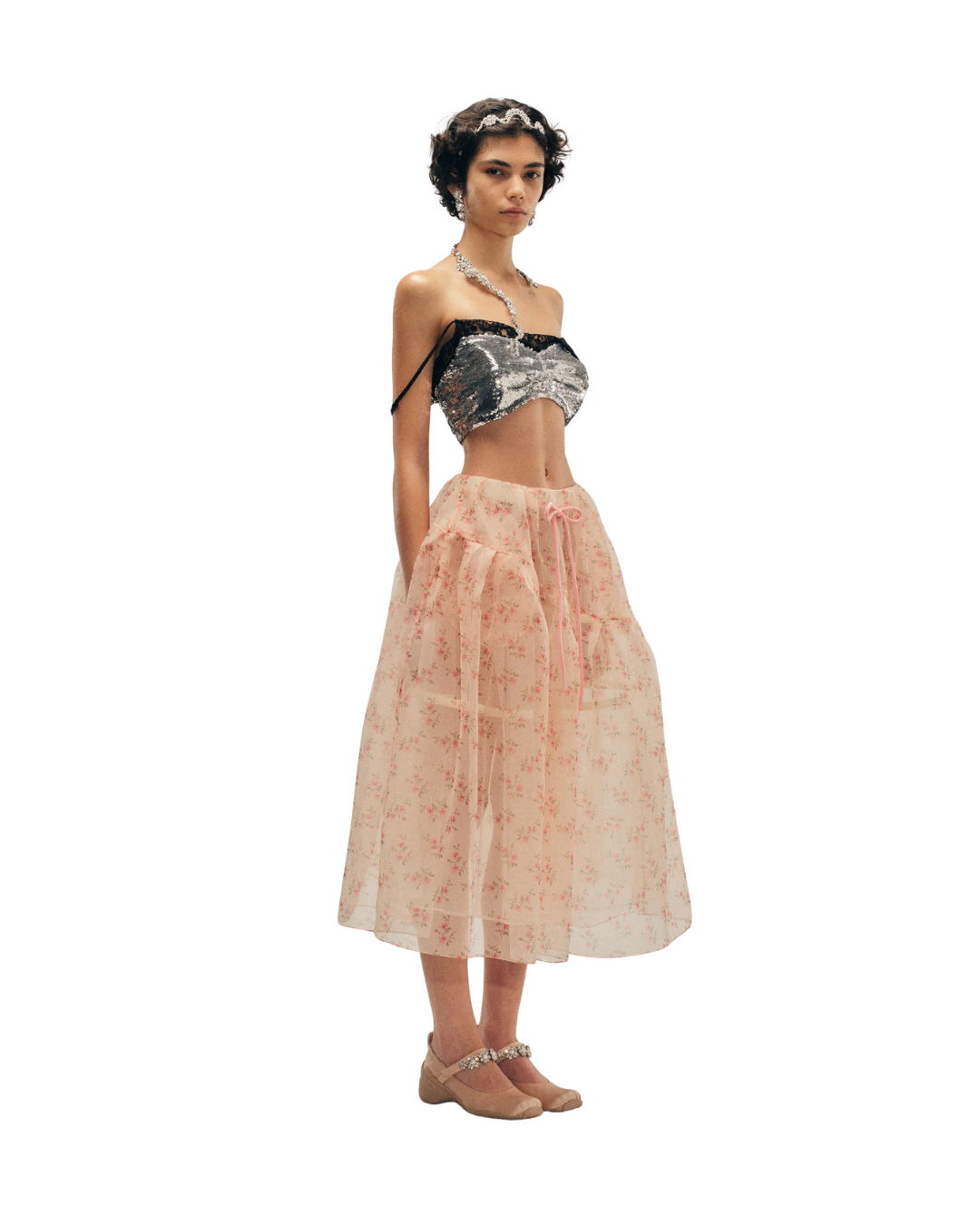 Sheer Overlay Long Flounce Skirt