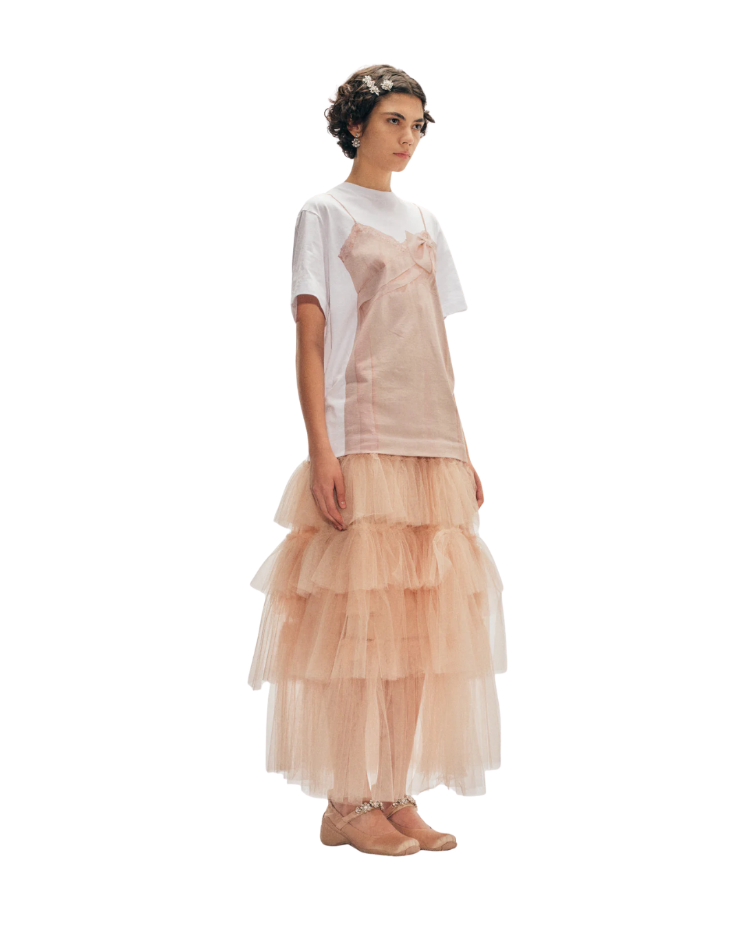 Bow Sash Slip Dress Trompe L'Oeil Print T-Shirt