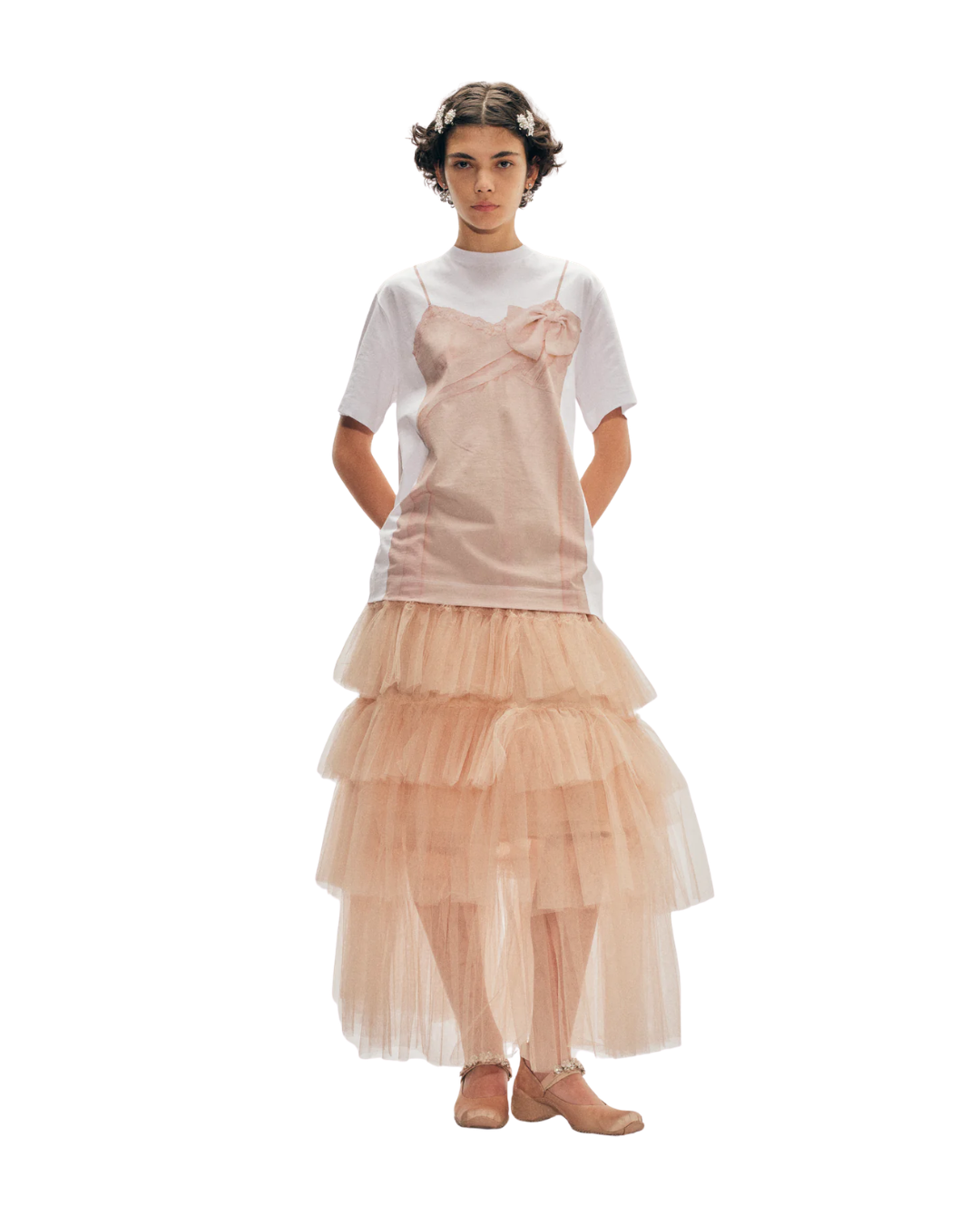 Bow Sash Slip Dress Trompe L'Oeil Print T-Shirt