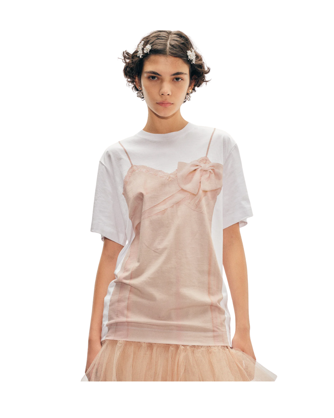 Bow Sash Slip Dress Trompe L'Oeil Print T-Shirt