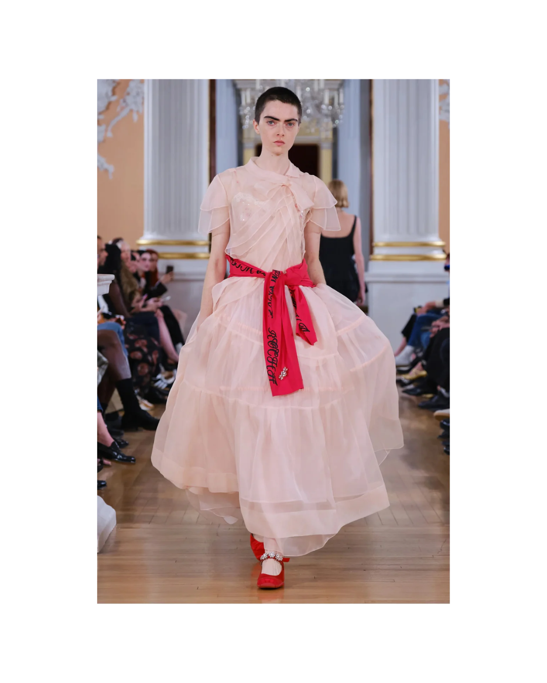 Sheer Bow Sash Split Hoop Flounce Dress