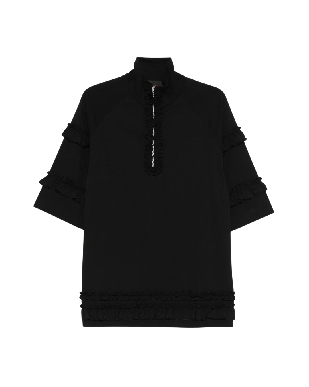 Mock Neck Ruffle Frill Zip T-Shirt