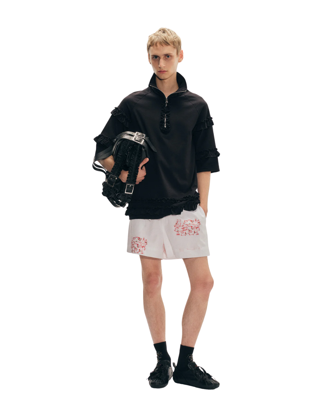 Mock Neck Ruffle Frill Zip T-Shirt