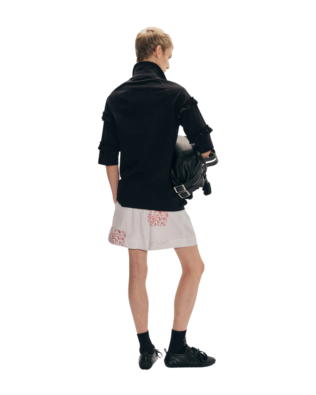 Mock Neck Ruffle Frill Zip T-Shirt