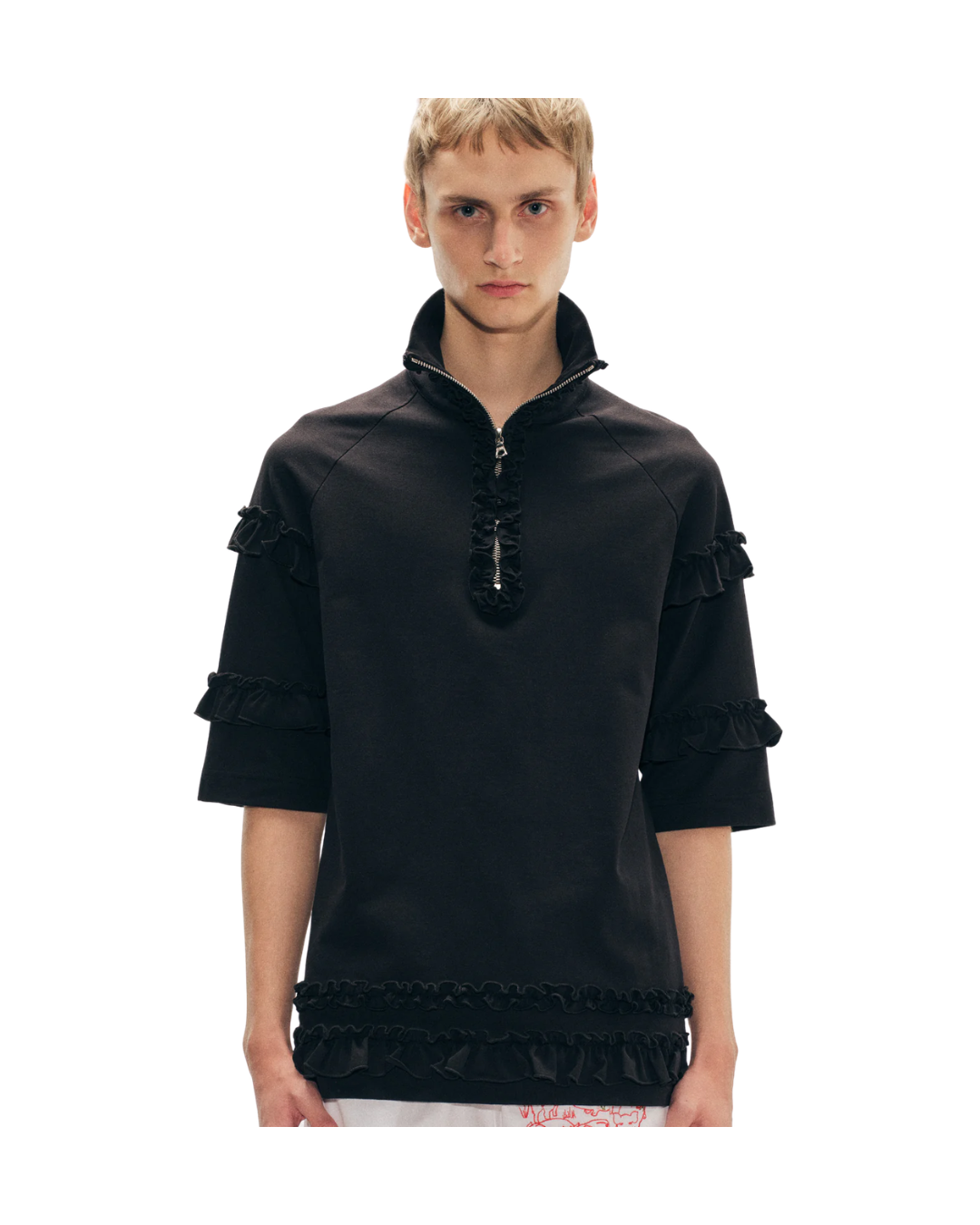 Mock Neck Ruffle Frill Zip T-Shirt