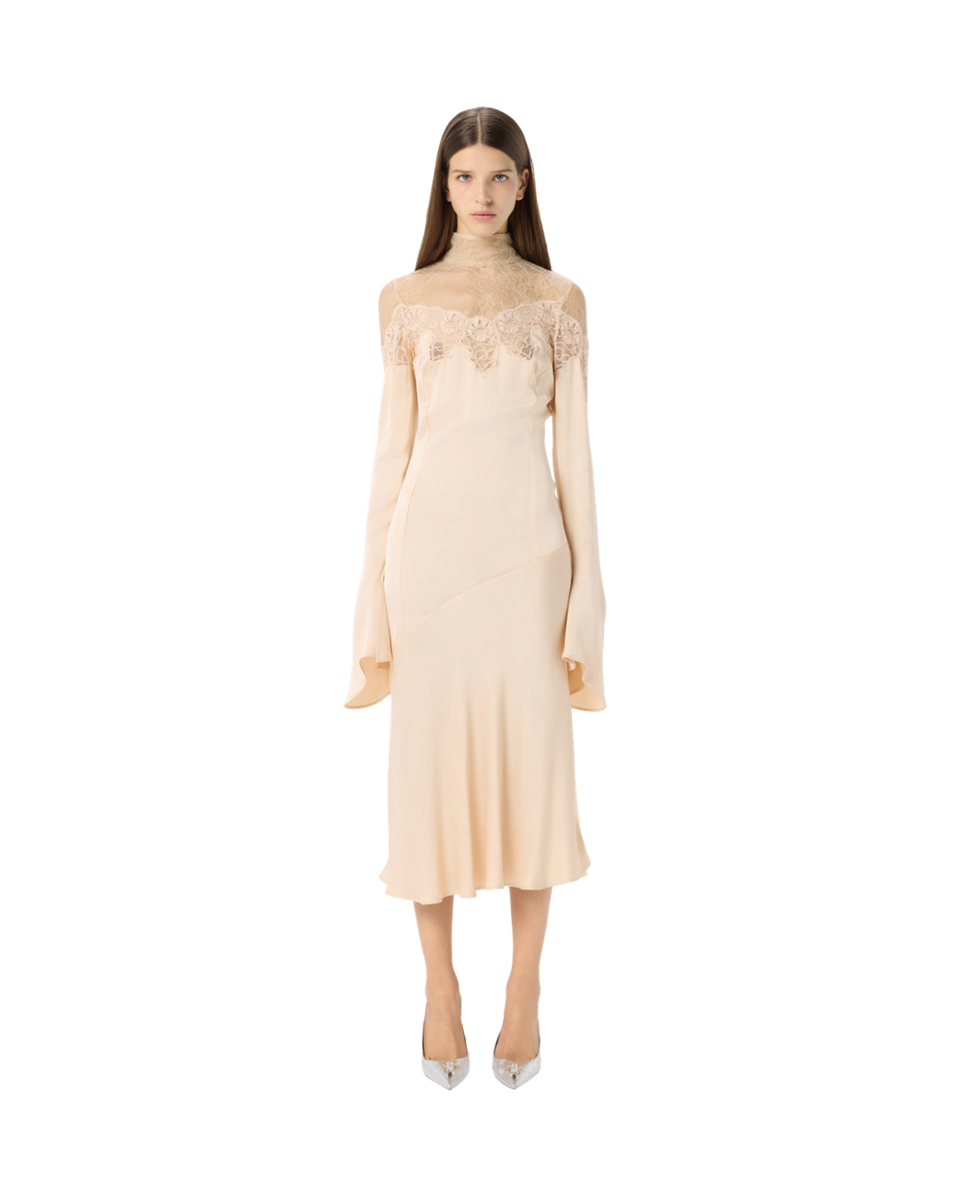 MIDI Satin Dress With Scalloped Lace Yoke