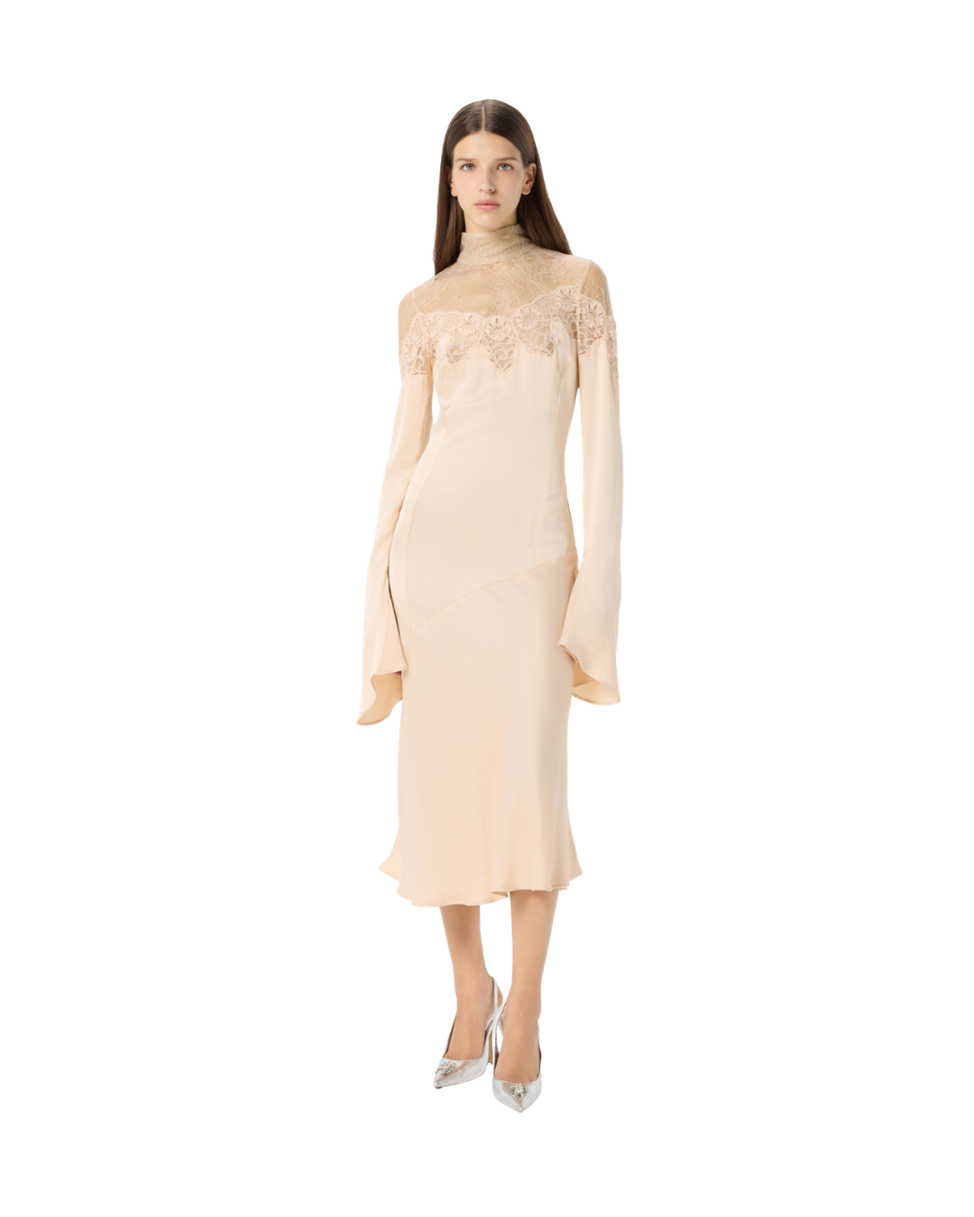 MIDI Satin Dress With Scalloped Lace Yoke