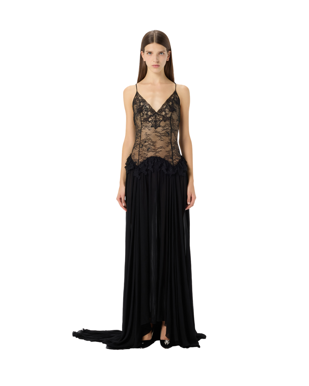 Long Dress In Chantilly Lace And Georgette