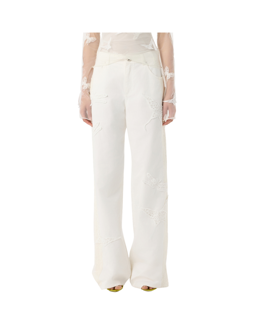 Flare Cotton Bull Pants With Embroidery And Lace Bands