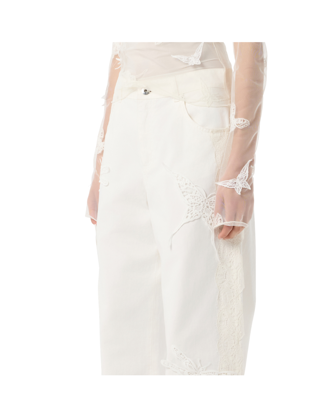 Flare Cotton Bull Pants With Embroidery And Lace Bands
