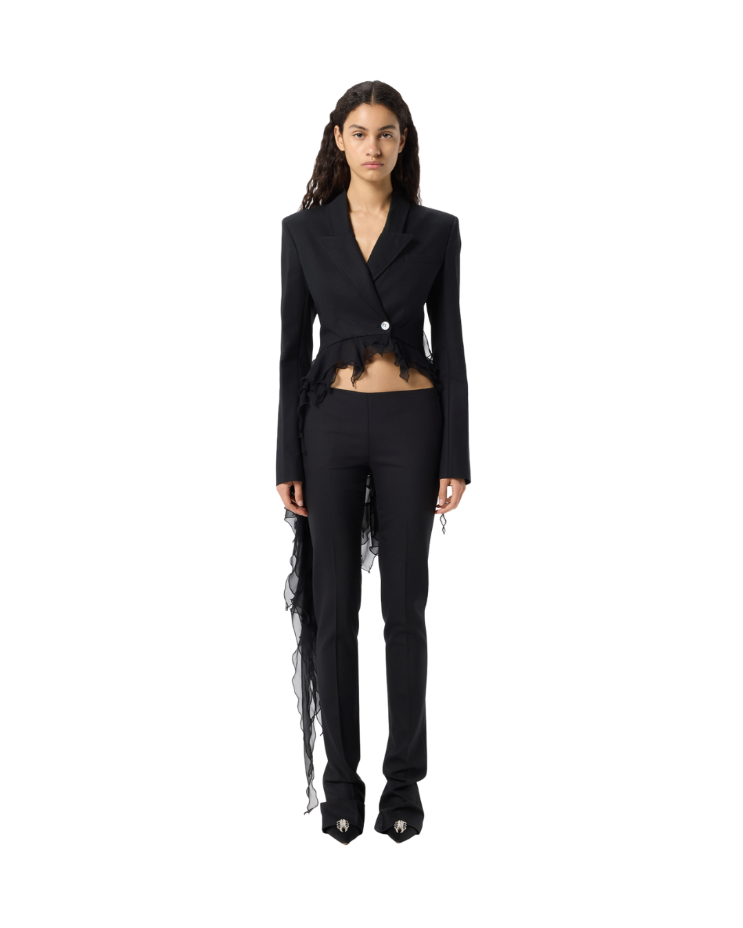 Single-breasted Satin Jacket With Ruffles