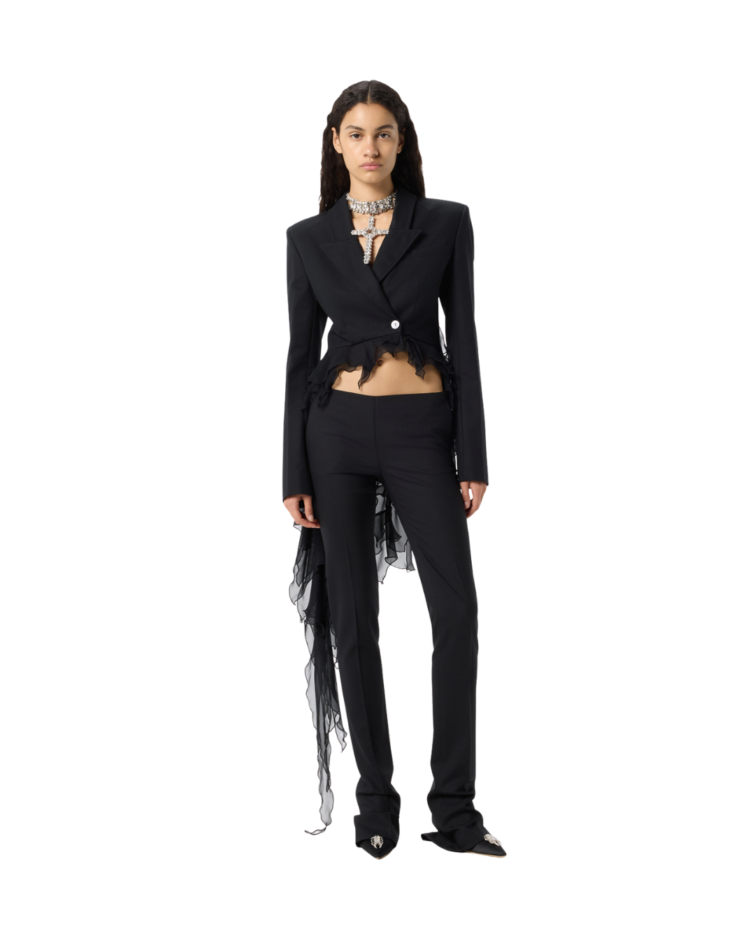 Single-breasted Satin Jacket With Ruffles