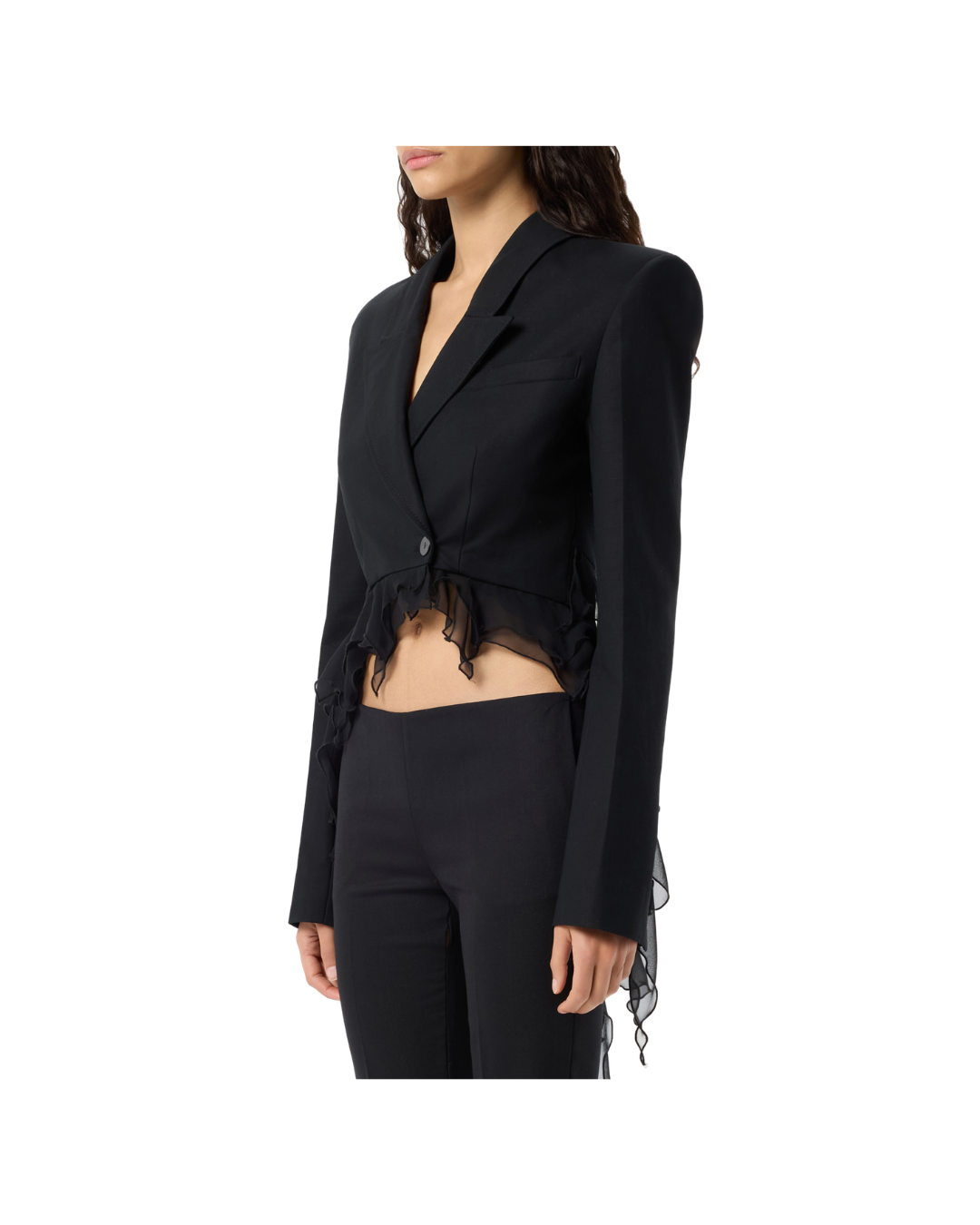 Single-breasted Satin Jacket With Ruffles