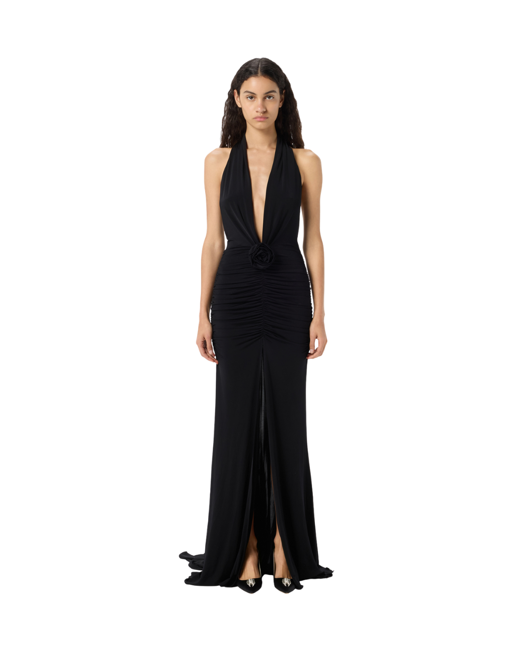 Long Shiny Jersey Dress With Rose