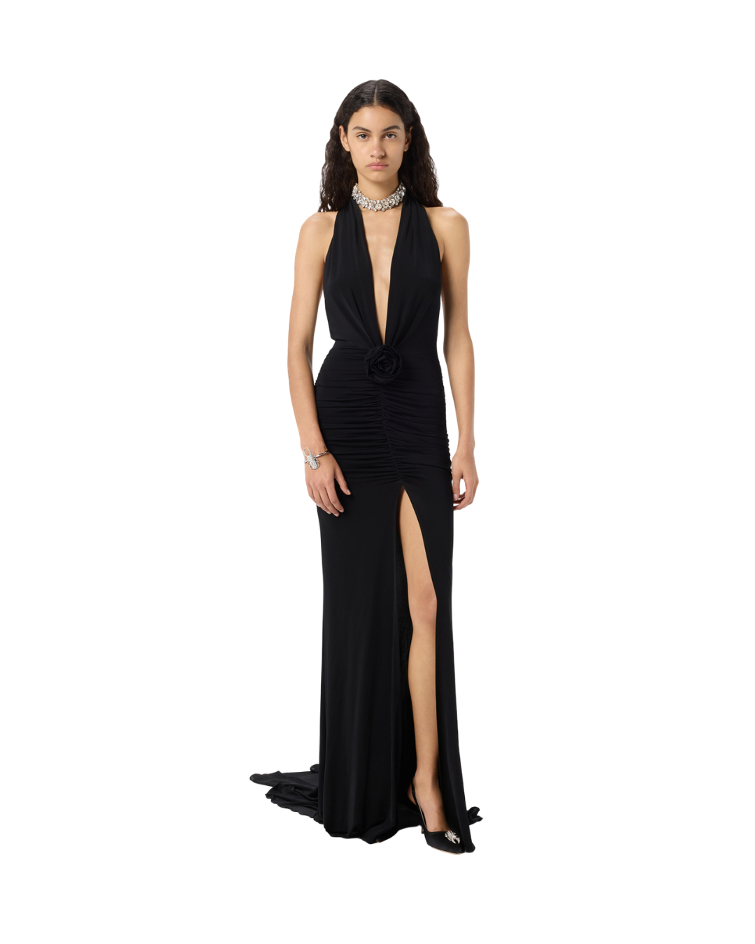 Long Shiny Jersey Dress With Rose