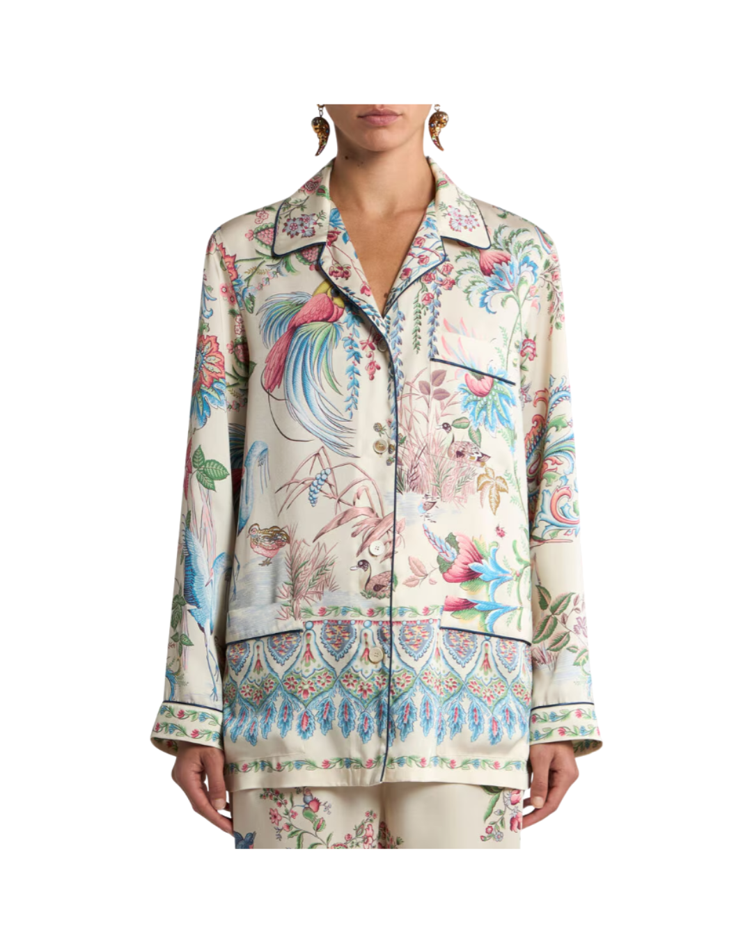 Twill Shirt With Placed Flora And Fauna Print