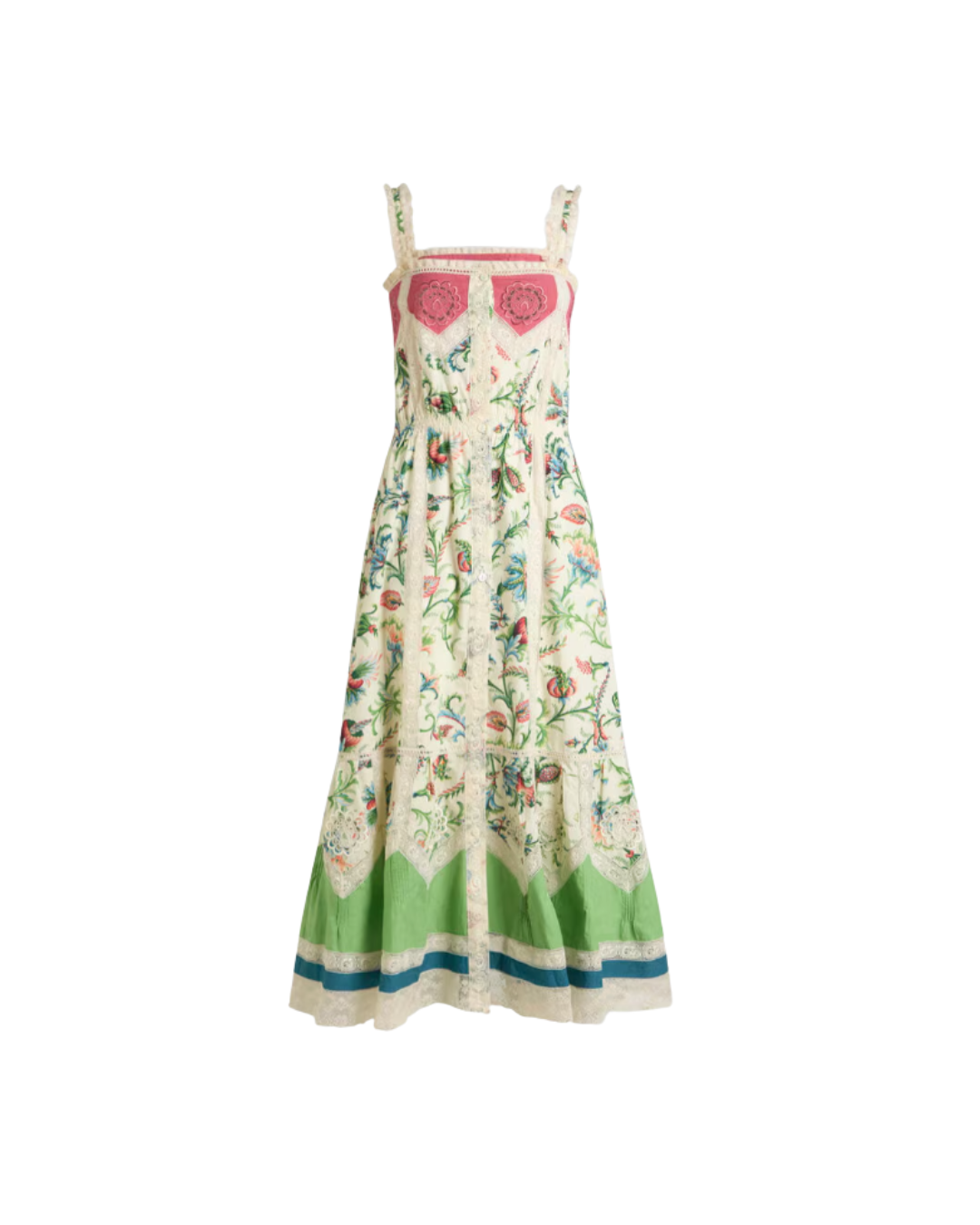 Cotton MIDI Dress With Lace Inserts And Floral Motif