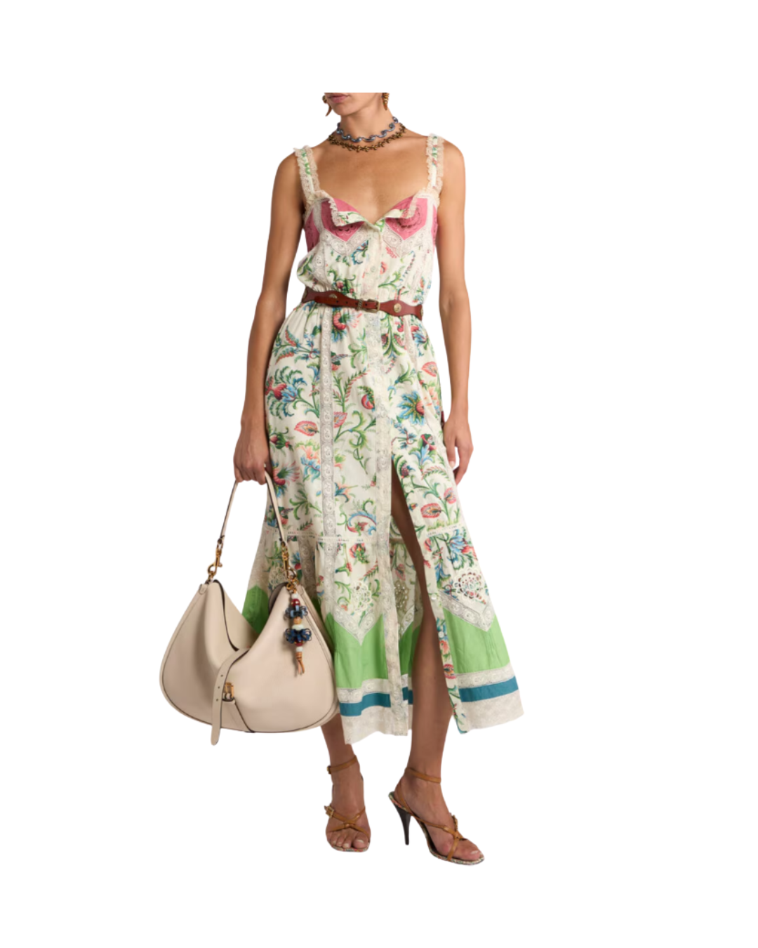 Cotton MIDI Dress With Lace Inserts And Floral Motif