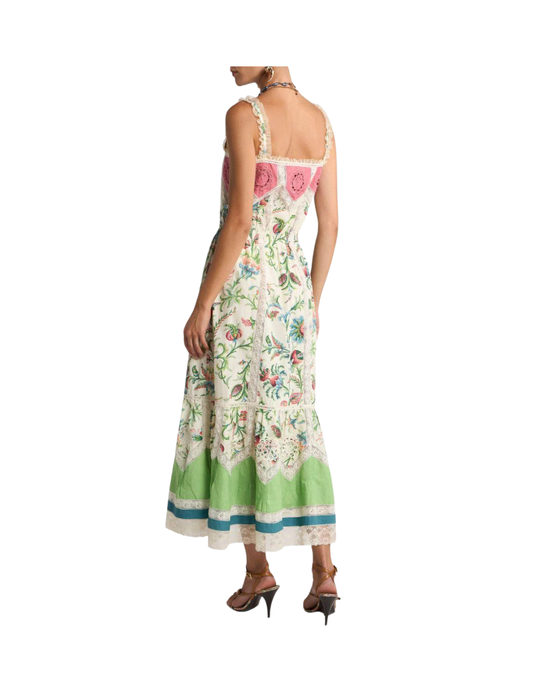 Cotton MIDI Dress With Lace Inserts And Floral Motif