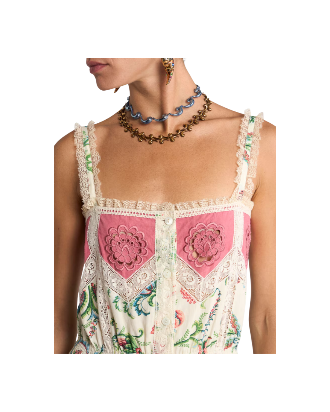 Cotton MIDI Dress With Lace Inserts And Floral Motif