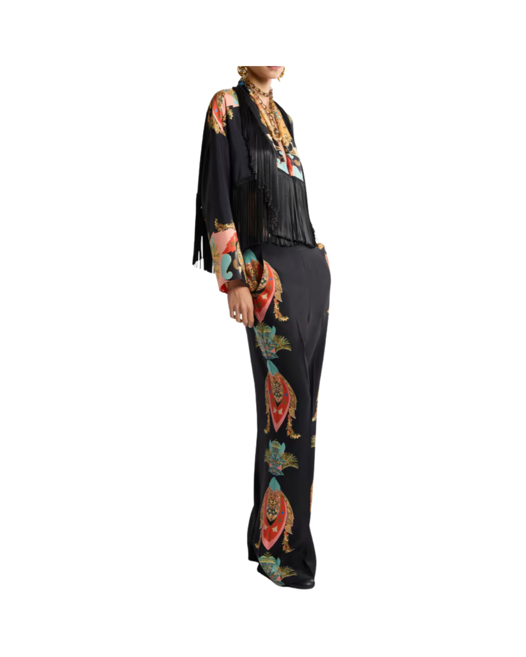 Silk Jacket With Fringing And Placed Print