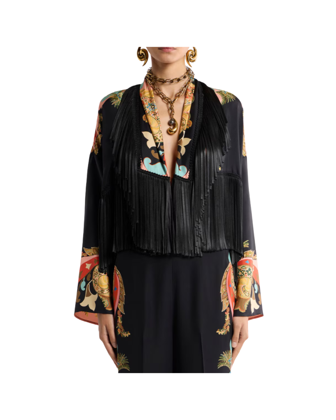 Silk Jacket With Fringing And Placed Print