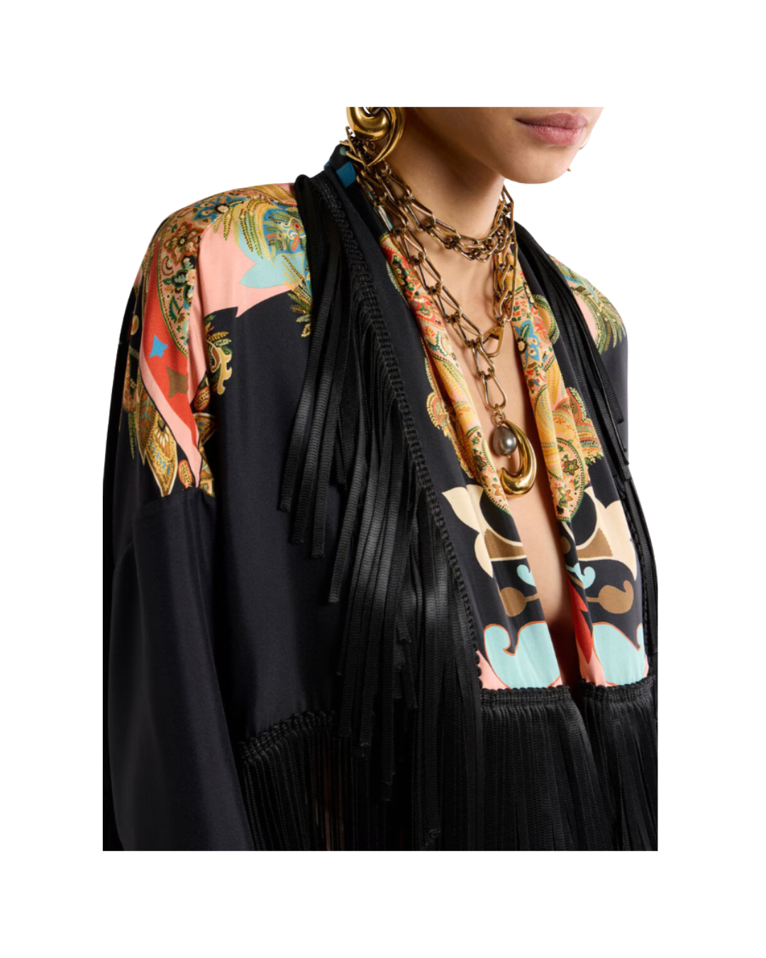 Silk Jacket With Fringing And Placed Print