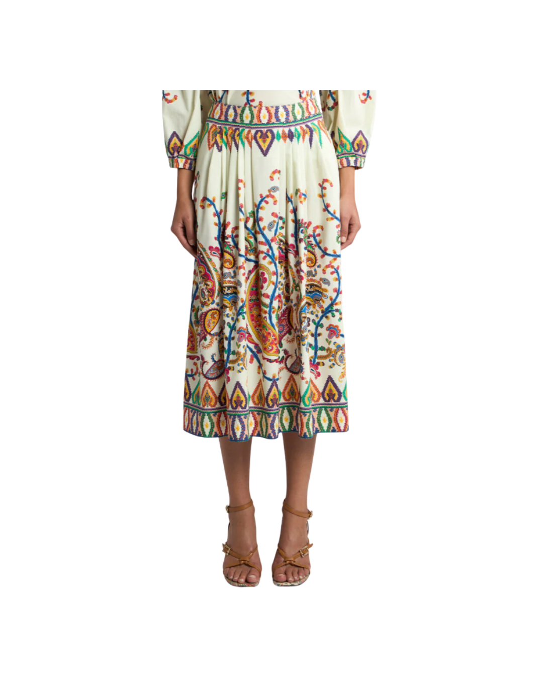 Pleated Cotton MIDI Skirt With Placed Floral Paisley Print