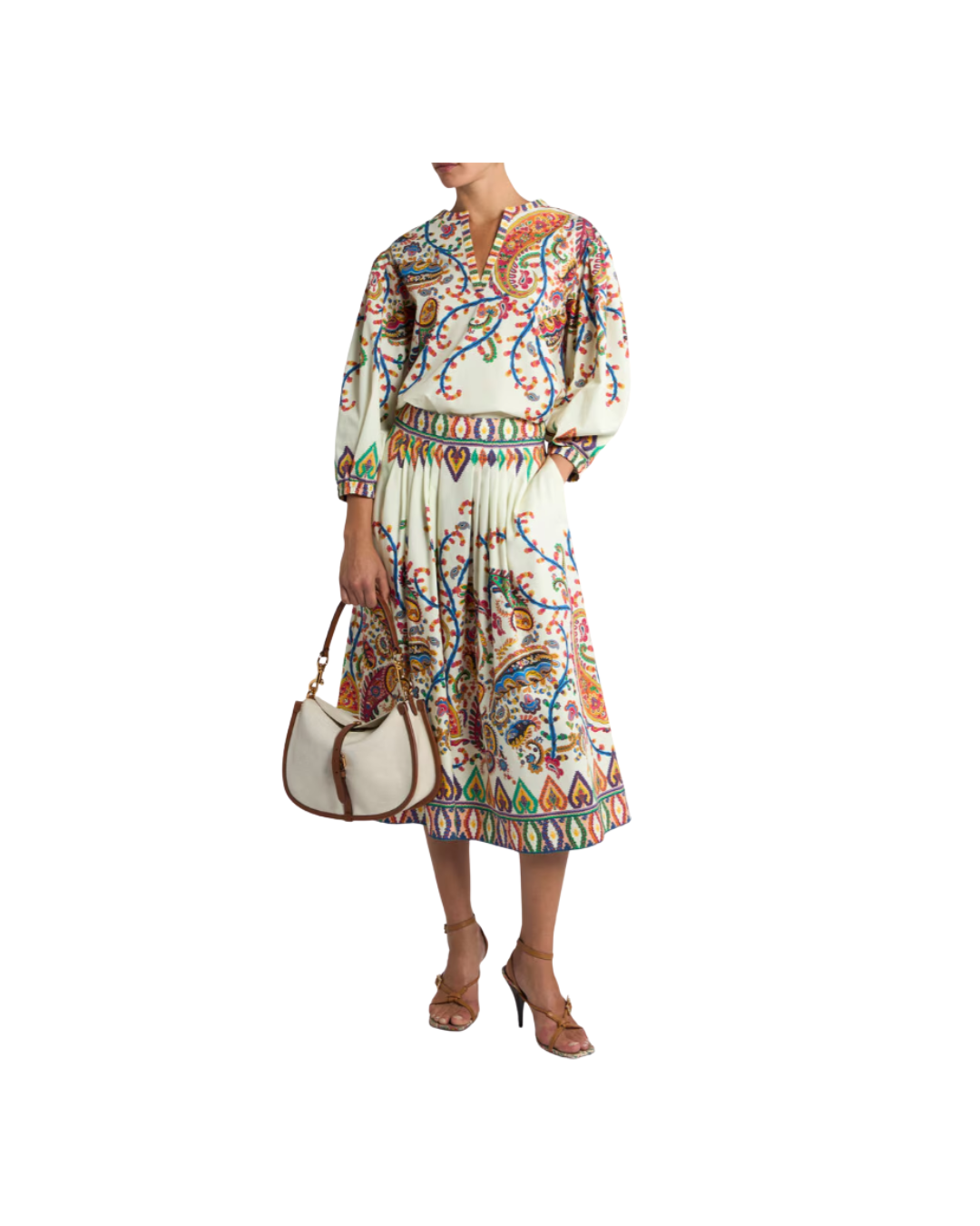 Pleated Cotton MIDI Skirt With Placed Floral Paisley Print