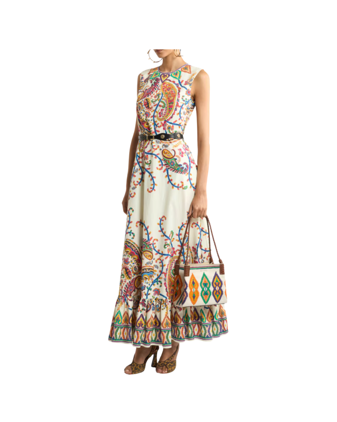 Long Cotton Dress With Placed Floral Paisley Print