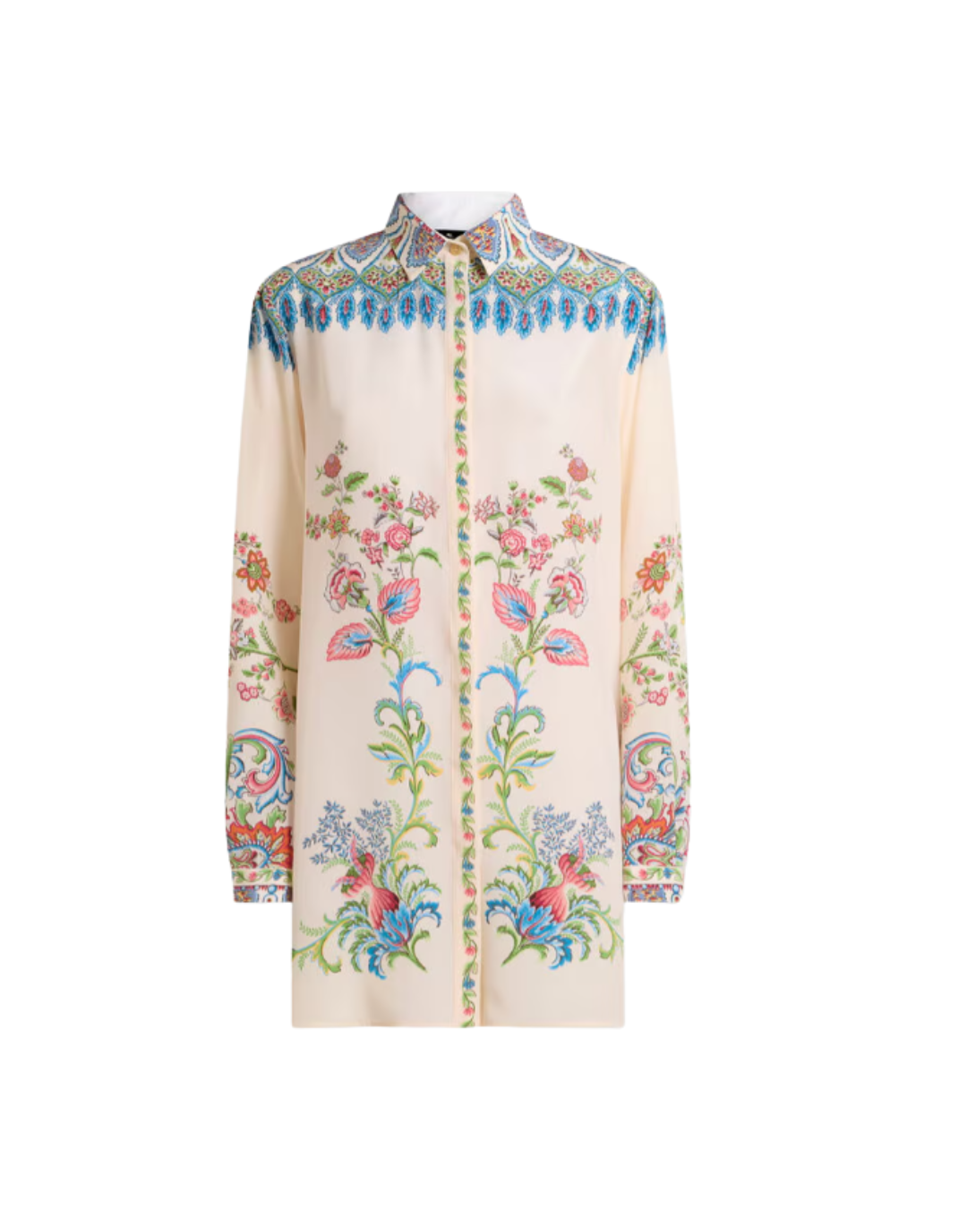 Long Silk Shirt With Placed Floral Print