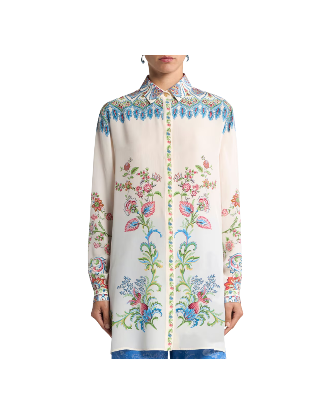Long Silk Shirt With Placed Floral Print