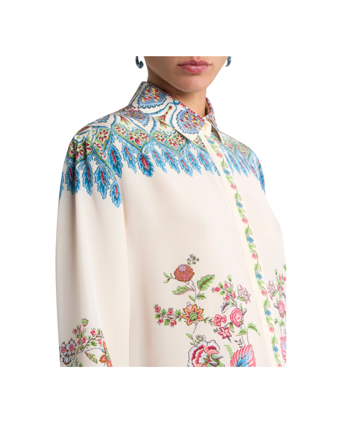 Long Silk Shirt With Placed Floral Print