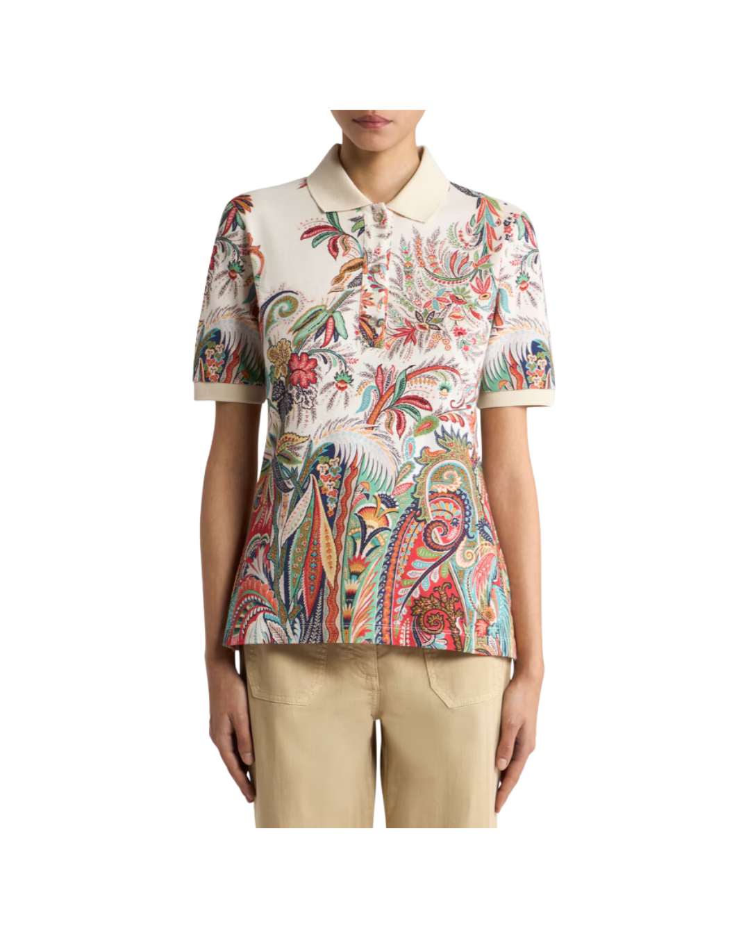 Cotton Pique Polo Shirt With Paisley Foliage Motif