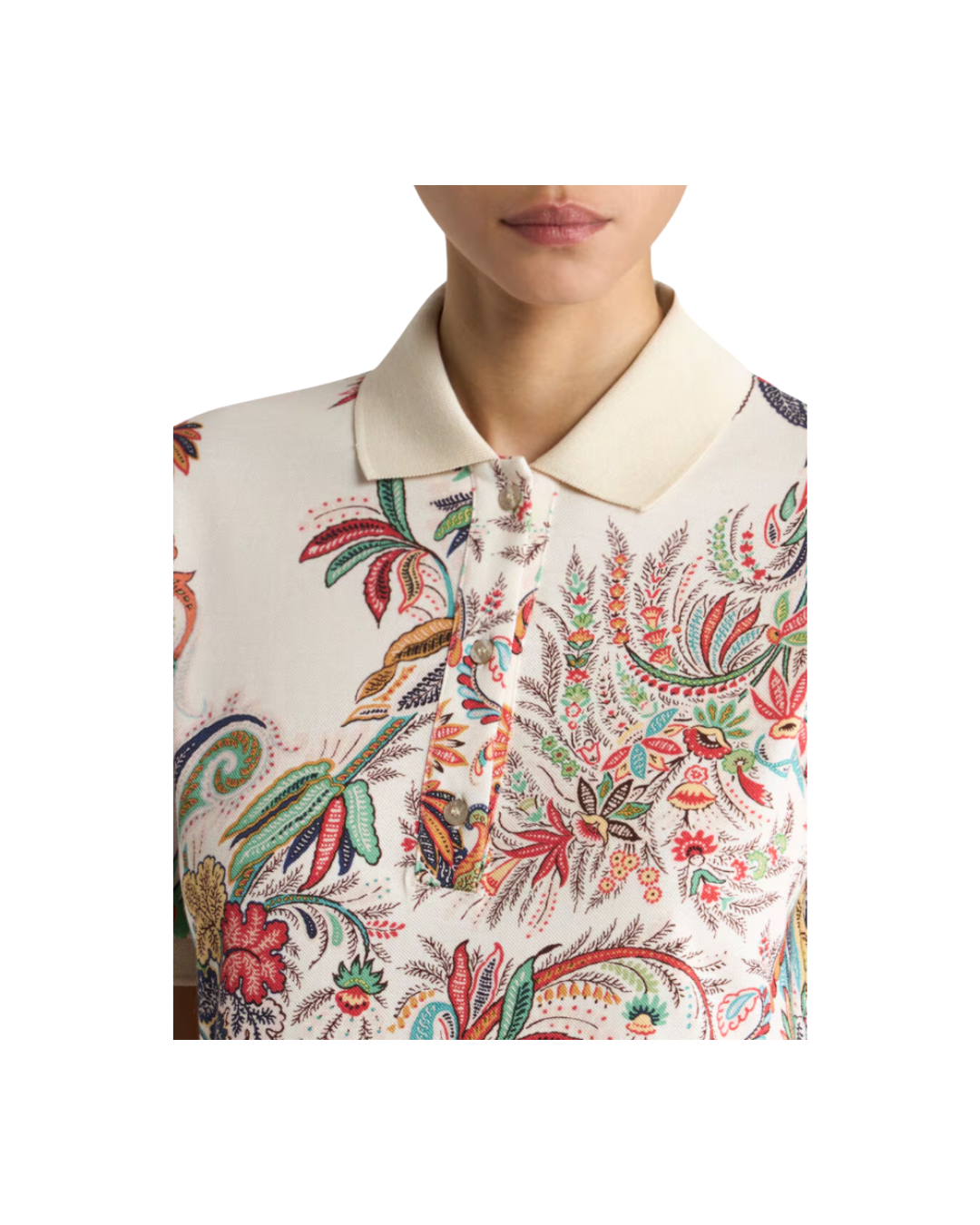 Cotton Pique Polo Shirt With Paisley Foliage Motif