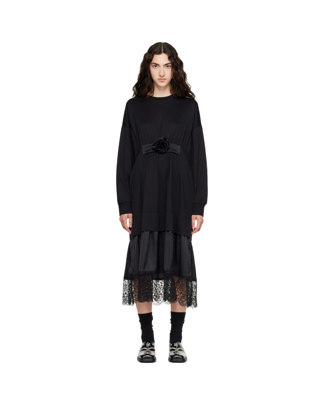 Oversized Gathered Rose Lace Trim Dress