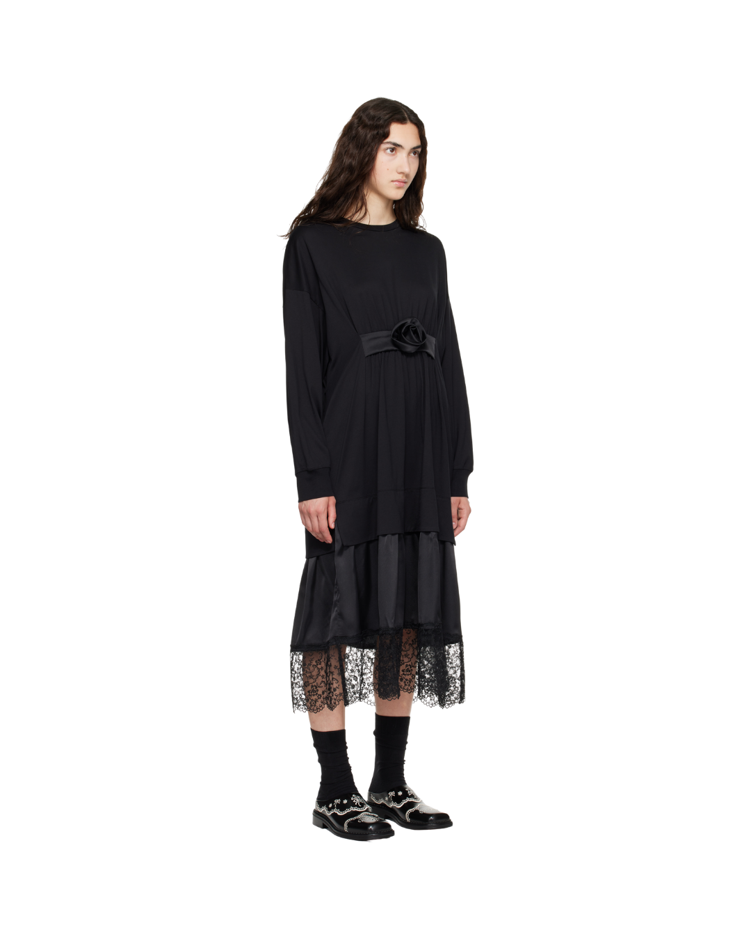 Oversized Gathered Rose Lace Trim Dress