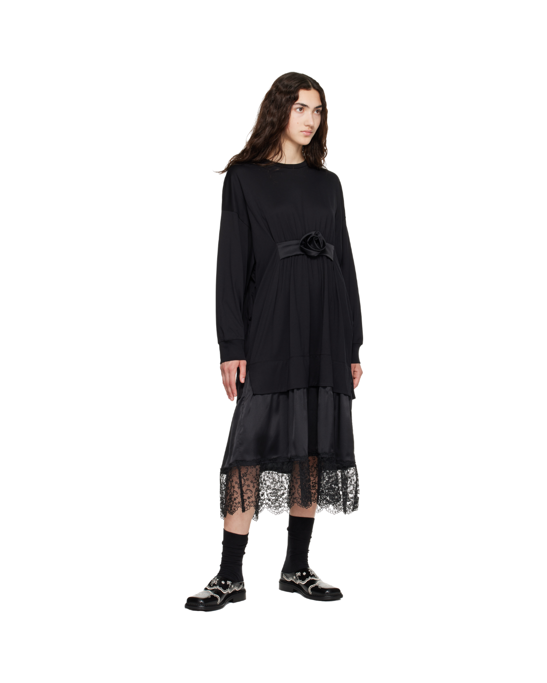 Oversized Gathered Rose Lace Trim Dress