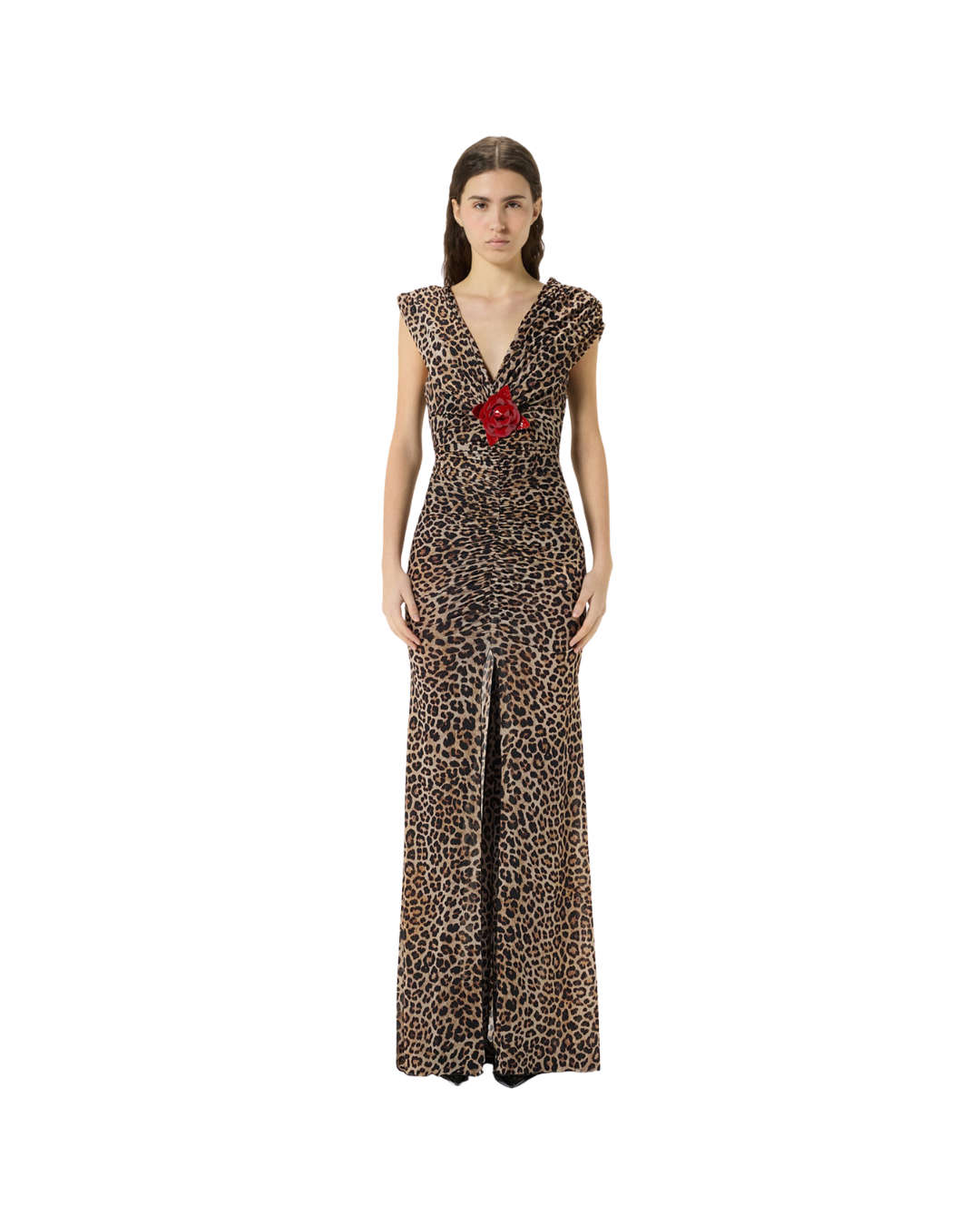 Long Printed Jersey Dress With Brooch