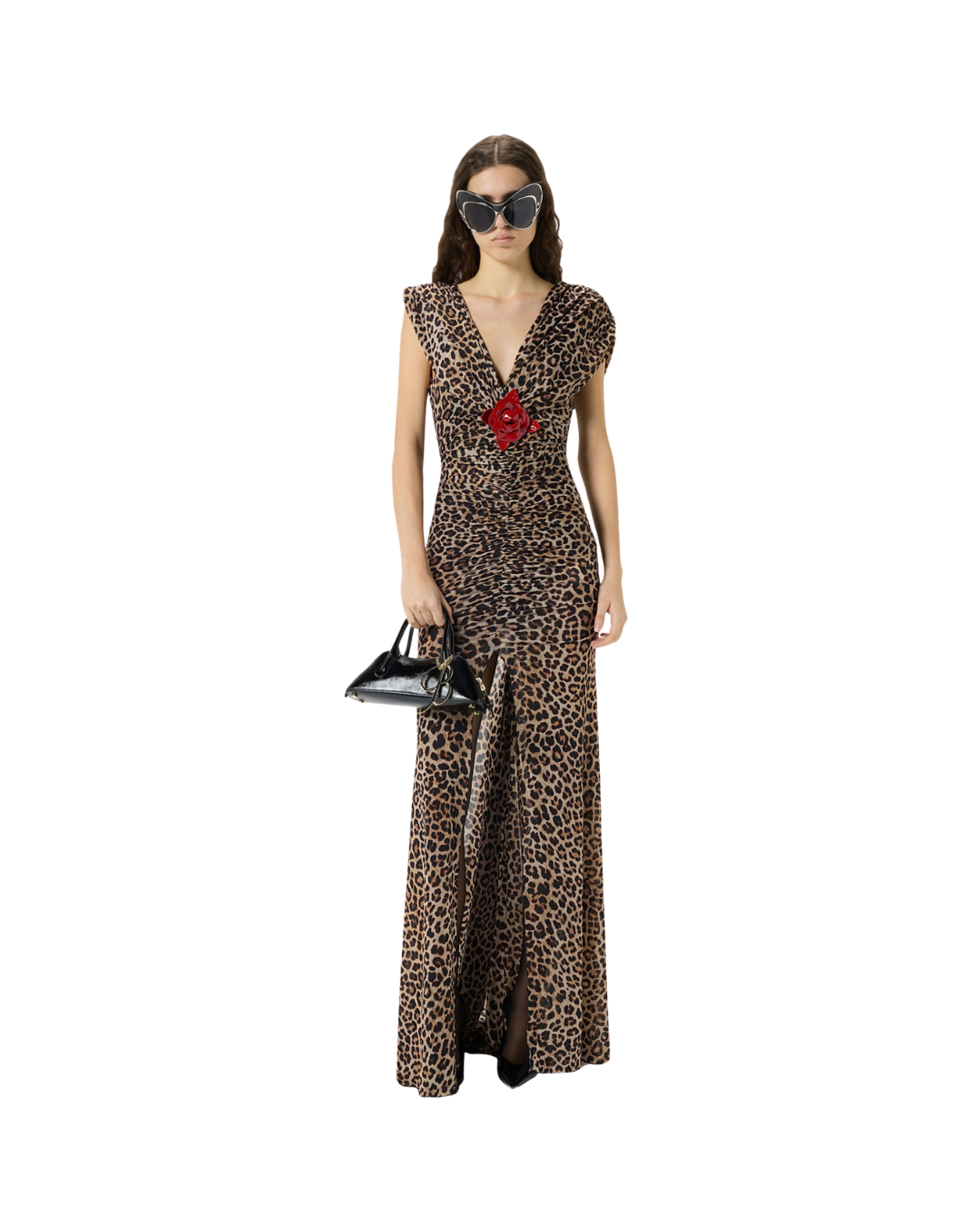 Long Printed Jersey Dress With Brooch