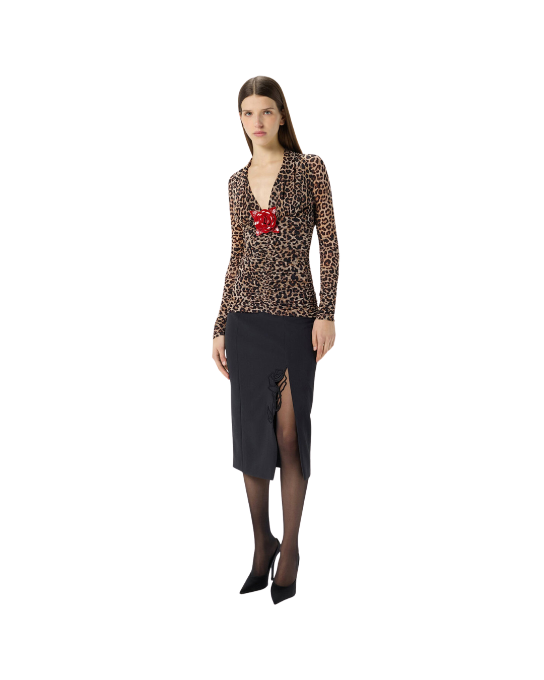 Printed Jersey Blouse With Brooch