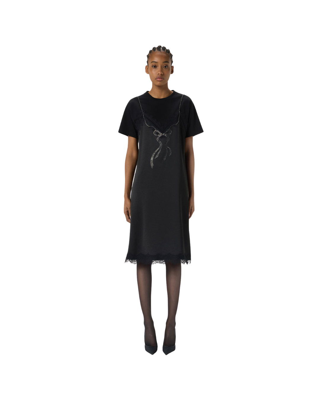 Dress With Slip-effect Rhinestone Embroidery And Lace