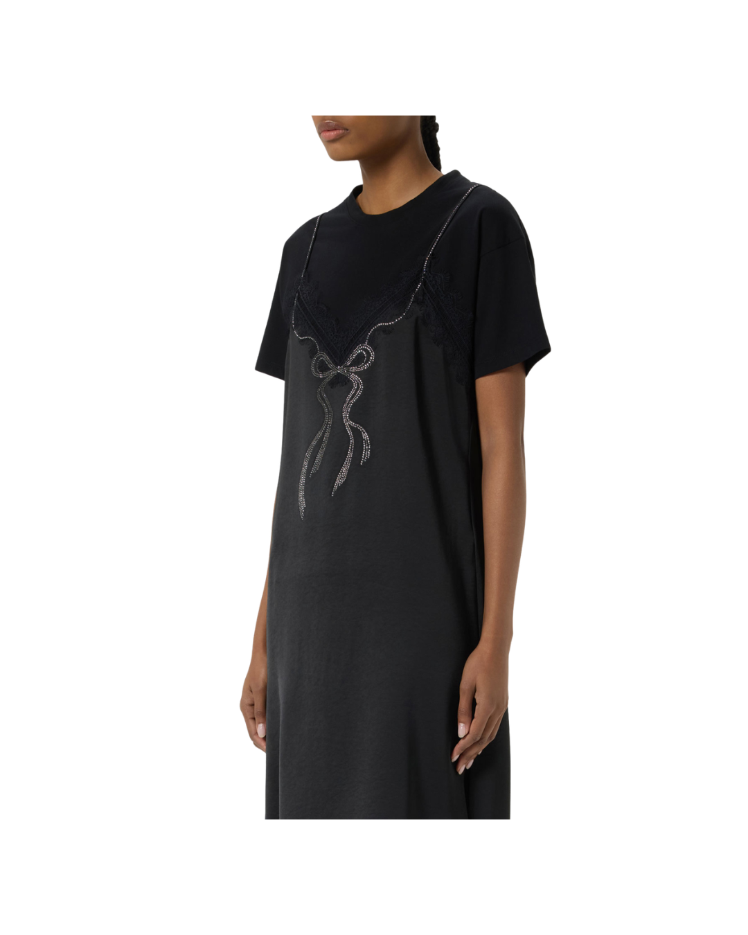 Dress With Slip-effect Rhinestone Embroidery And Lace