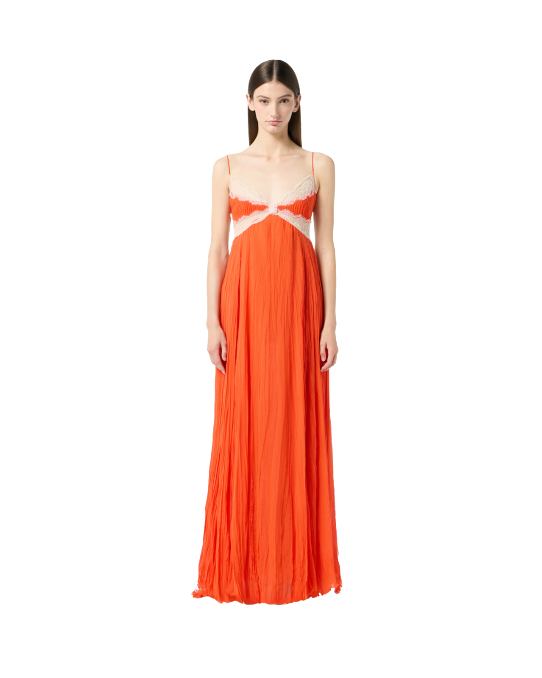 Long Pleated Georgette Dress With Lace Inserts