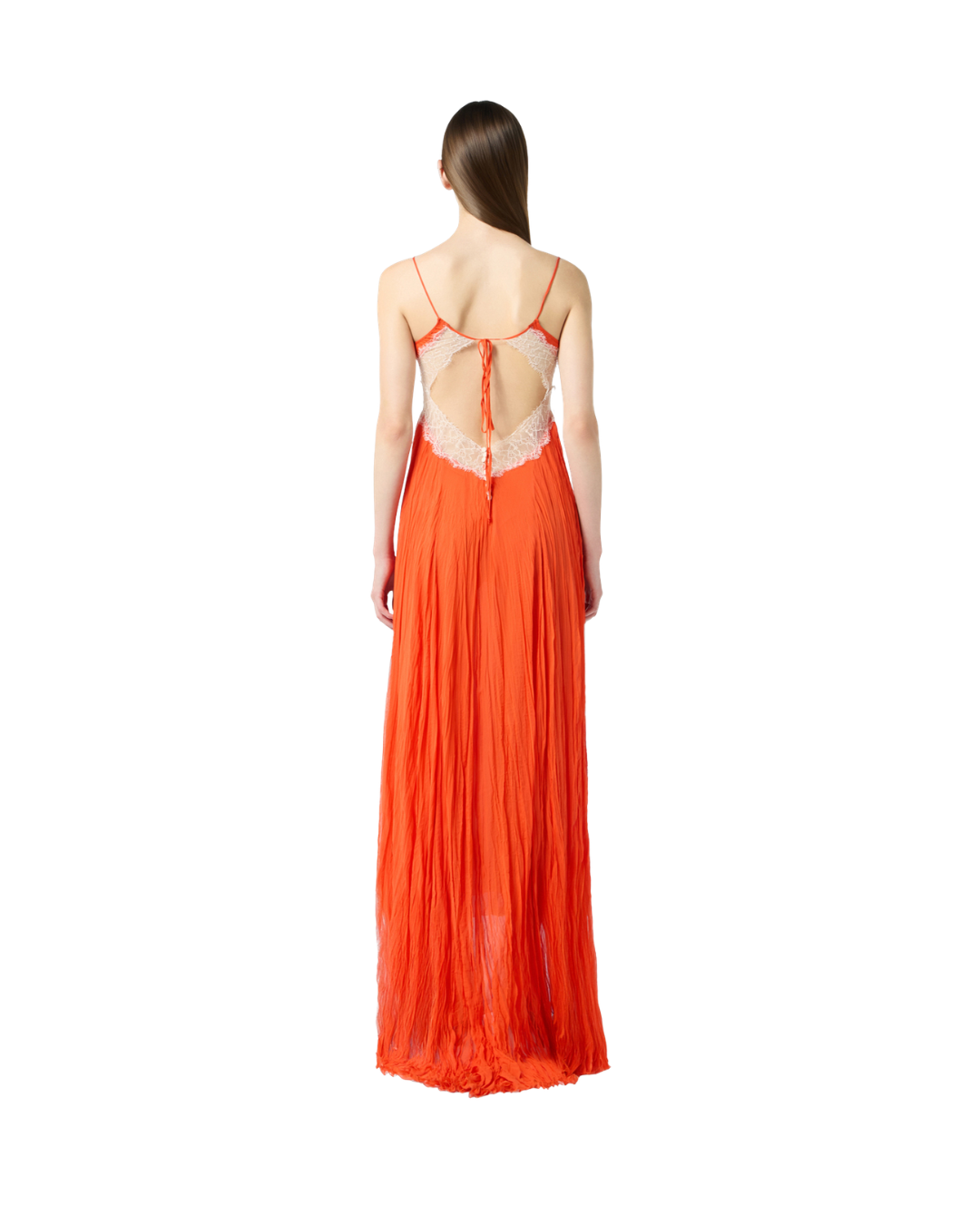 Long Pleated Georgette Dress With Lace Inserts