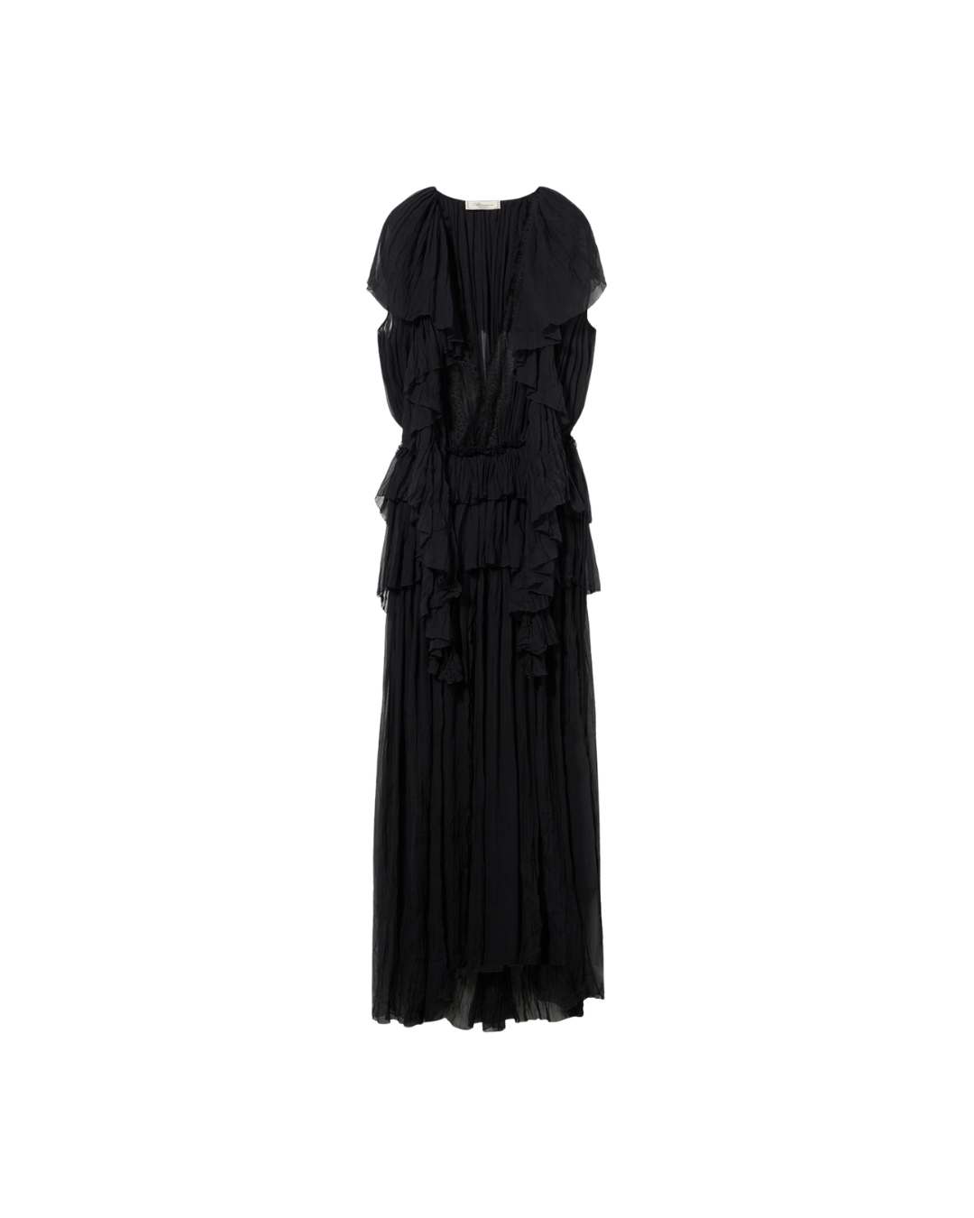 Long Pleated Georgette Dress With Lace Insert